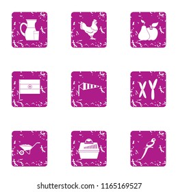 Village food icons set. Grunge set of 9 village food vector icons for web isolated on white background