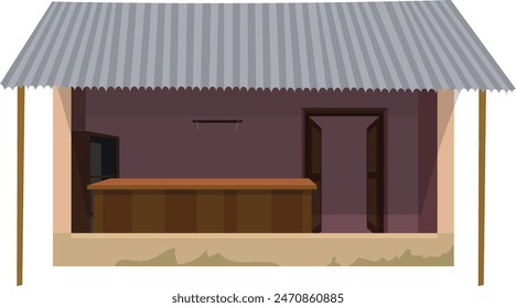 Village food shop empty room isolated with white background illustration vector. Indian village hut shop for cartoon animation