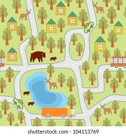 village in the forest seamless pattern
