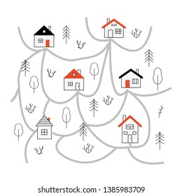 Village in the forest. Wooden houses surrounded by trees. Vector illustration.