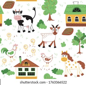 Village and with funny farm animals - Vector Seamless pattern. Loop pattern for fabric, textile, wallpaper, posters, gift wrapping paper, napkins, tablecloths. Print for kids, children