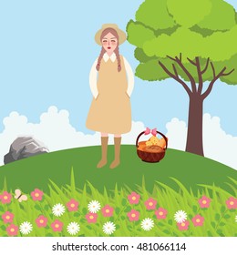 village girl bring bags of bread in field outdoor wearing hat old style fashion