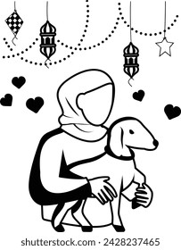 Village Girl Cuddling Small Sheep Vector Design, Eid al-Adha Eid-ul-Kabir Symbol, Hajj Sign, Muslims religious Festival Stock illustration, Muslim women wearing hijab and Holding cute Goat Concept