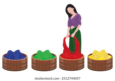 A village girl is dyeing cloth in an oak barrel.vector design