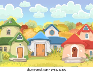 Village of gnomes. Fabulous town with cute little houses. Clouds. Beautiful cartoon landscape. Meadow against background of forest. Childrens illustration. Flat design. Vector