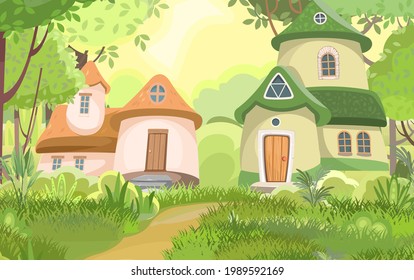 Village of gnomes. Fabulous town with cute little houses. Beautiful cartoon landscape. Road. Meadow against background of forest. Childrens illustration. Flat design. Vector