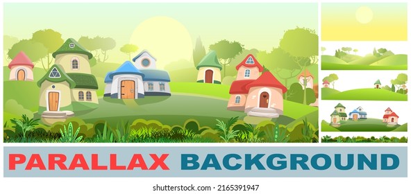 Village of gnomes. Set parallax effect. Fabulous town with cute little houses. Beautiful cartoon green landscape. Meadow against background of forest. Children illustration. Flat design. Vector.