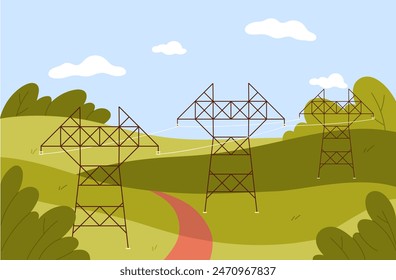 Village green landscape with electric power lines, high voltage cables and transmission towers vector illustration