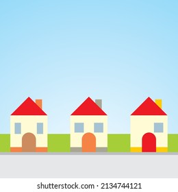 Village, Group Of Three Houses In A Row, Road, Grass And Sky, Conceptual Vector Illustration