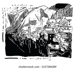 The village of Hallstatt (Austria) on the lake shore against the background of mountains. Imitation of a linocut. Black and white drawing on a white background.