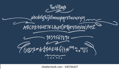 The Village handwritten font. Textured brush script with uppercase, lowercase, numbers and some punctuations symbols