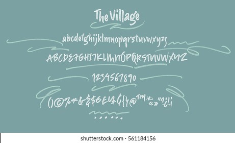 The Village handwritten font. Textured brush script with uppercase, lowercase, numbers and some punctuations symbols