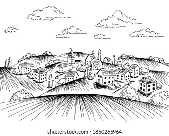 Village hill graphic. Black white rural landscape sketch illustration, vector.