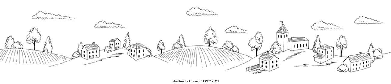 Village hill long graphic black white rural landscape sketch illustration vector