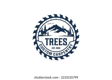 Village Hills Logo Design Rocky Mountain With Circular Saw Carpenter Timber Lumberjack Pine Tree  Icon Symbol