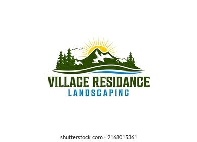 Village hills logo mountain sunrise pine tree river valley design nature green