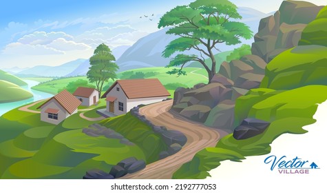 A village in the hills and a river flowing along the settlement.