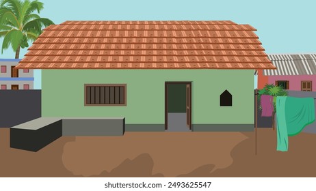 Village house background. Indian house with tiles roof. Asian house background for cartoon animation