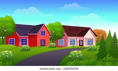 Village house with beautiful green yard, street and trees. suburban Concept Vector Illustrations 