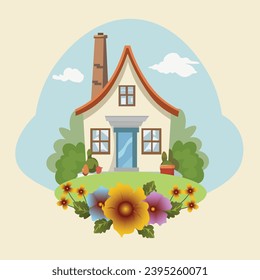 Village house with brown roof and summer flowers in the foreground.