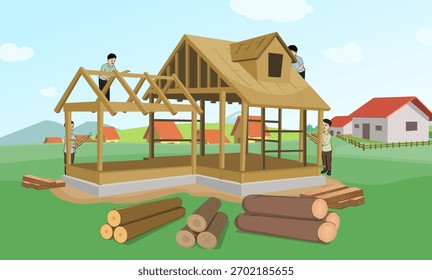 Vector de fondo de proceso de construcción de casa de aldea, ilustración de construcción de casa de madera de hombres de dibujos animados, aldea, techo, bloques de madera, Vector de fondo verde