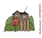 Village house with bushes and wooden fence. Mailbox outside the house. Doodle vector illustration. Street with postal address.  