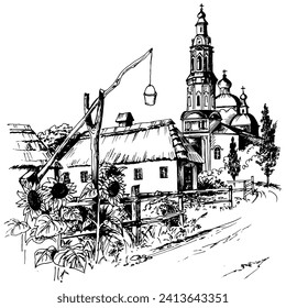 village, house, church, sunflowers, Ukraine, Independence, hand drawn, AI not used