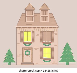 Village house decorated for Christmas holidays. Winter snowy day, season celebration. Merry Christmas and Happy New Year. Flat vector Christmas illustration.