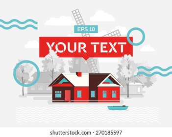 Village house. Elements for construction of village landscape. Vector flat illustration.