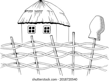 Village house, fence, on the fence upside down clay pot. Vector image, design element