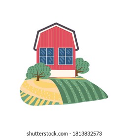 Village house in a field with trees doodle drawing. Rural landscape. Ecology and green life concept. Hand drawn flat vector illustration in cartoon style isolated on white background