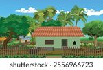 Village house in the garden sorrounded by a wooden fench.Countryside cottage with tiles roof vector illustration