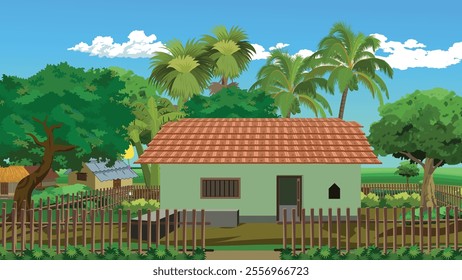 Village house in the garden sorrounded by a wooden fench.Countryside cottage with tiles roof vector illustration