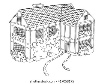 Village house graphic art black white landscape illustration vector