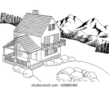 Village house graphic art black white landscape illustration vector