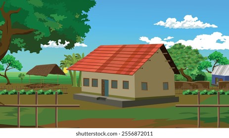 Village house In a green field sorrounded by bamboo fench.Cottage home vector illustration for cartoon animation