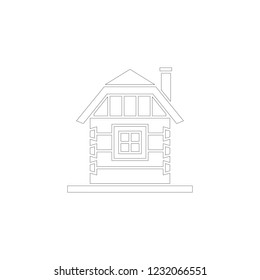 Village house of hewn logs . Angle connections with square logs. Vector illustration. White silhouette.