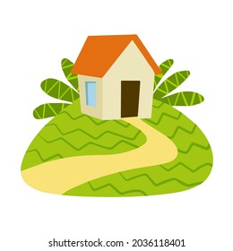 Village house. Home on green hill and road. Country landscape. Summer season. Flat cartoon illustration. Rural white building with red roof
