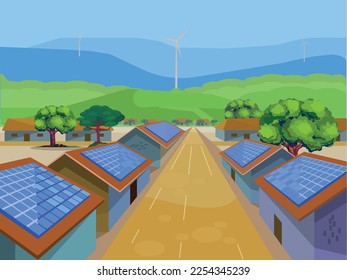 Village House, Home Solar Rooftop System
 windmills and houses with solar panels on rooftop flat vector illustration. 