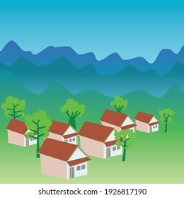 
village house illustration on hillside, vector illustration