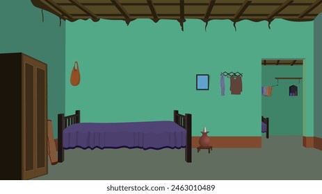 village house interior design, Indian Asian Bangladeshi bedroom indoor inside vector illustration