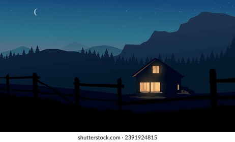 a village house with lights at night