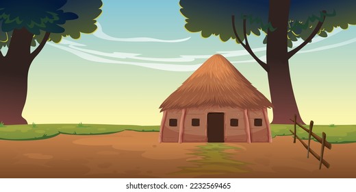 A village and a house made of thatched roof and mud walls