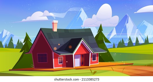 Village house in mountain valley with green meadows and trees. Vector cartoon illustration of summer landscape of countryside with cottage, fields and rocks on horizon