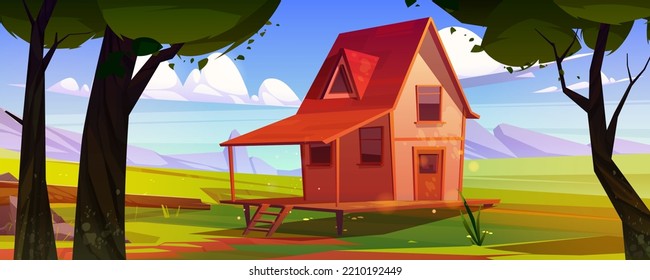 Village house in mountain valley with green grass, trees, stones and rocks. Summer countryside landscape with small wooden farmhouse with porch and garden, vector cartoon illustration