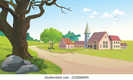 village house with mud road side tree. blue sky and greenery. beautiful morning at village