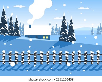 Village house on a background of a winter landscape. Winter forest. Snow falls. Vector graphics
