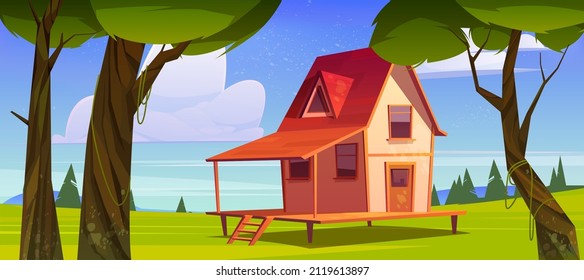 Village house on hill with green grass and trees. Vector cartoon illustration of summer or spring landscape of countryside with small wooden cottage with porch and garden