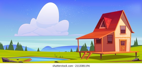 Village House On Hill With Pond, Green Grass And Trees. Vector Cartoon Illustration Of Summer Or Spring Landscape Of Countryside With Small Wooden Cottage With Porch And Lake