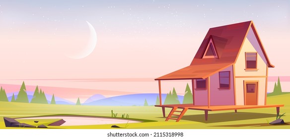 Village house on hill with pond and green grass at morning. Vector cartoon illustration of summer or spring landscape of countryside with small wooden cottage, lake, trees and waxing moon in sky